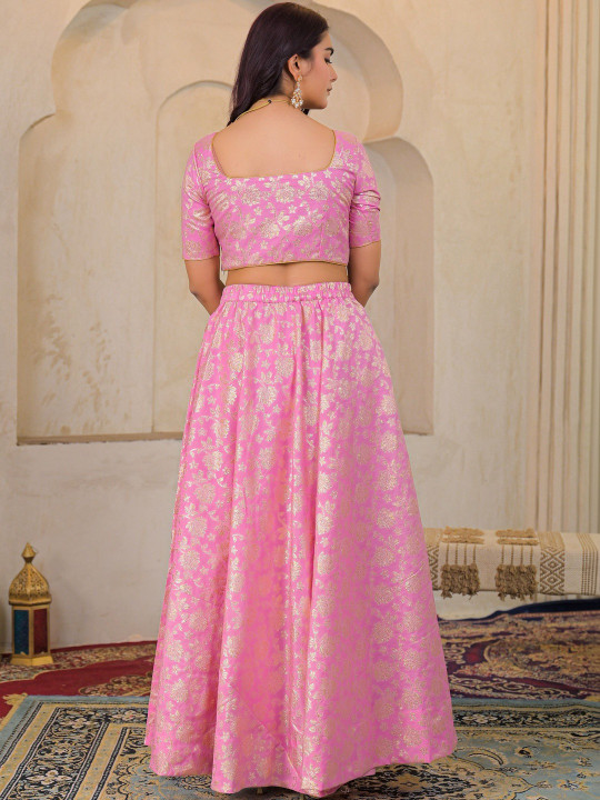 Women Jacquard Fabric Printed Ready to Wear Lehenga & Blouse With Dupatta Set Hover