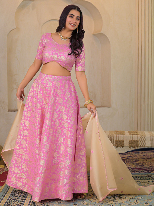 Women Jacquard Fabric Printed Ready to Wear Lehenga & Blouse With Dupatta Set