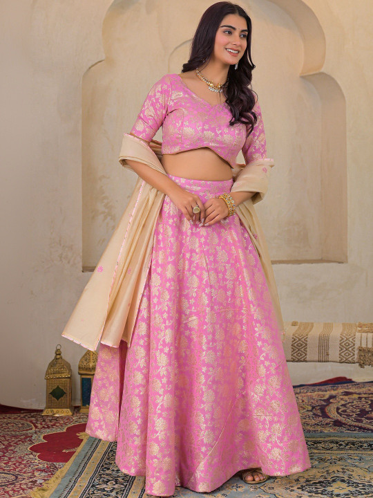 Women Jacquard Fabric Printed Ready to Wear Lehenga & Blouse With Dupatta Set