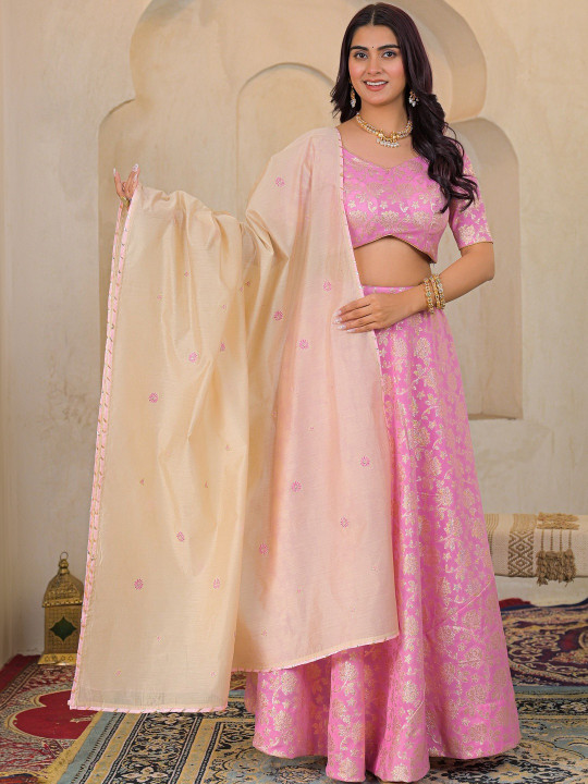Women Jacquard Fabric Printed Ready to Wear Lehenga & Blouse With Dupatta Set