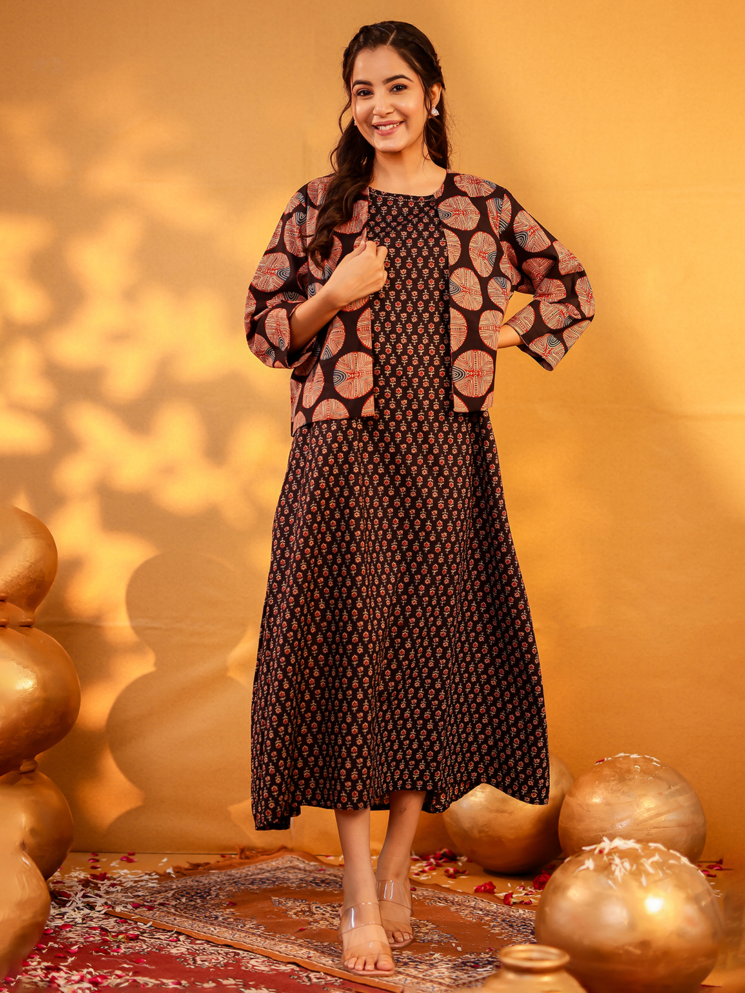 Cotton Printed Dress With Jacket Hover