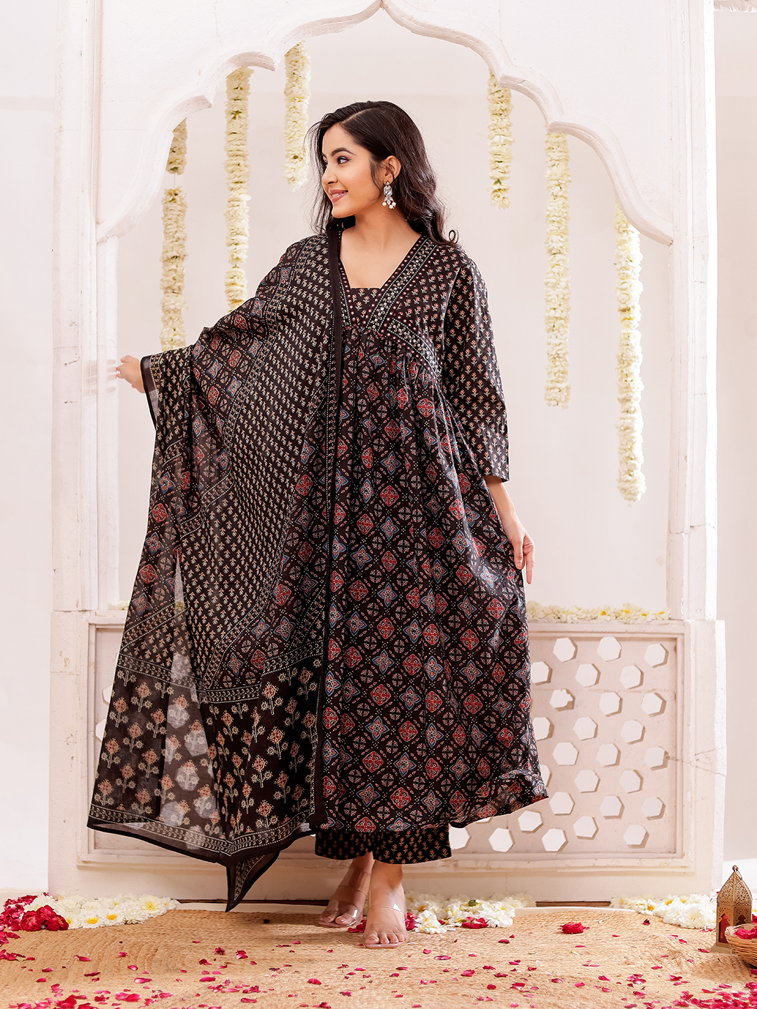 Ethnic Motifs Printed Cotton Kurta with Trousers & Dupatta