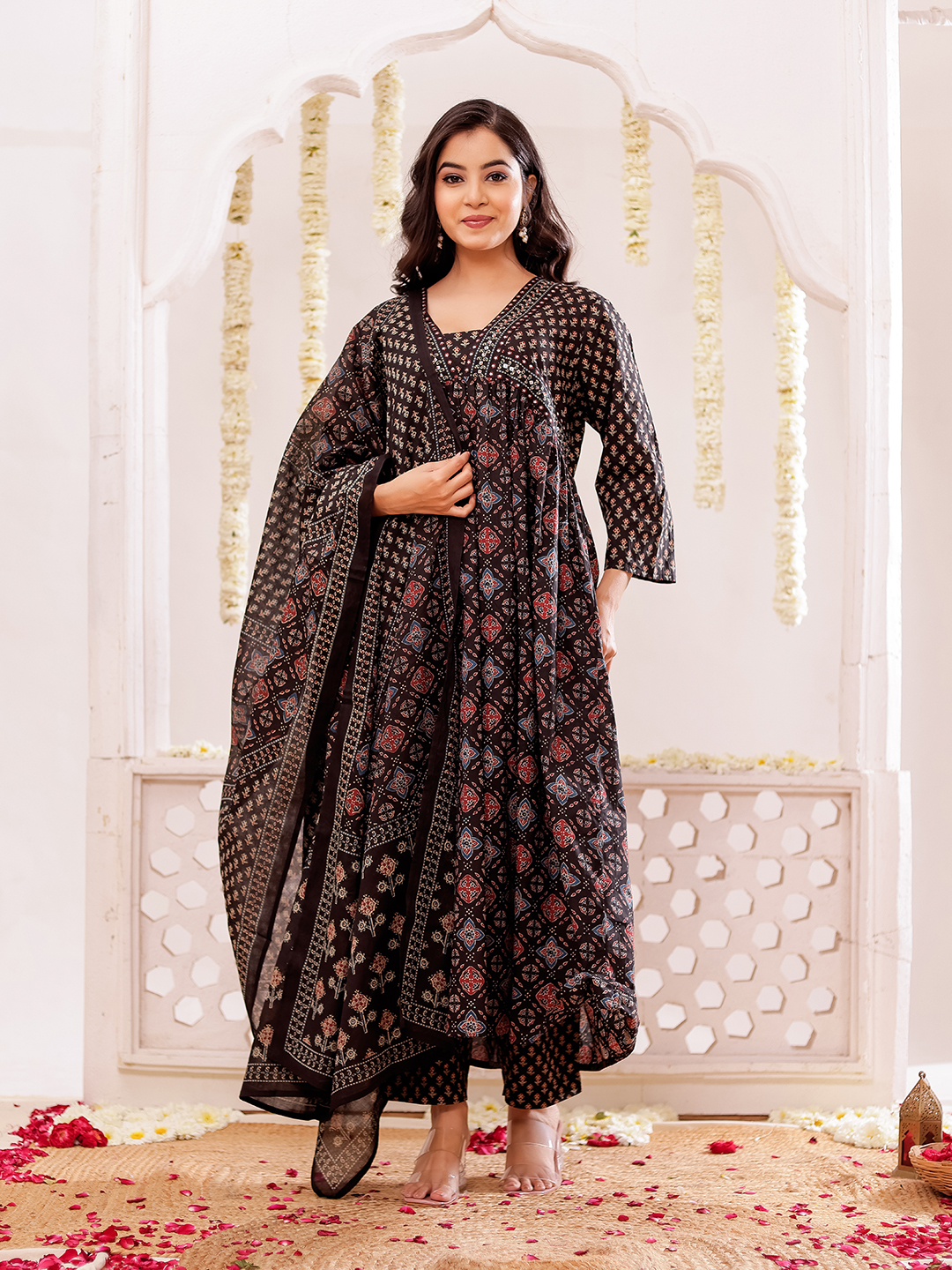 Ethnic Motifs Printed Cotton Kurta with Trousers & Dupatta