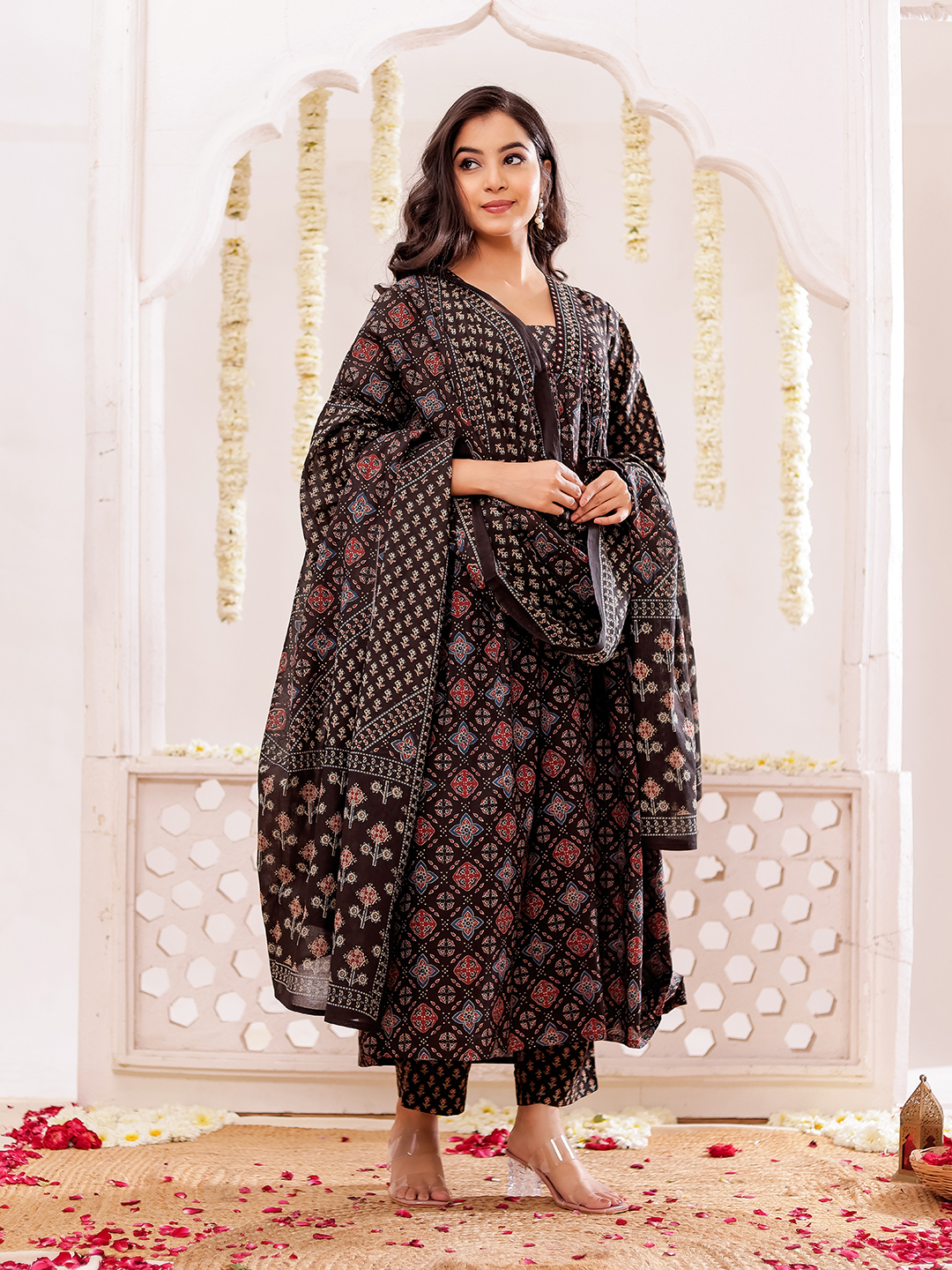 Ethnic Motifs Printed Cotton Kurta with Trousers & Dupatta