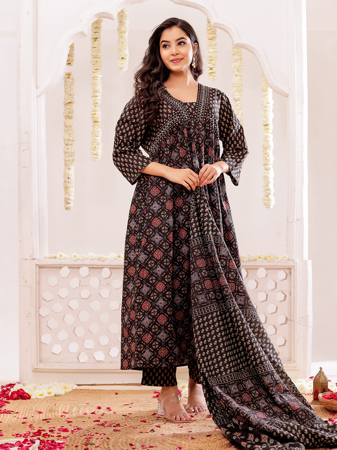 Ethnic Motifs Printed Cotton Kurta with Trousers & Dupatta