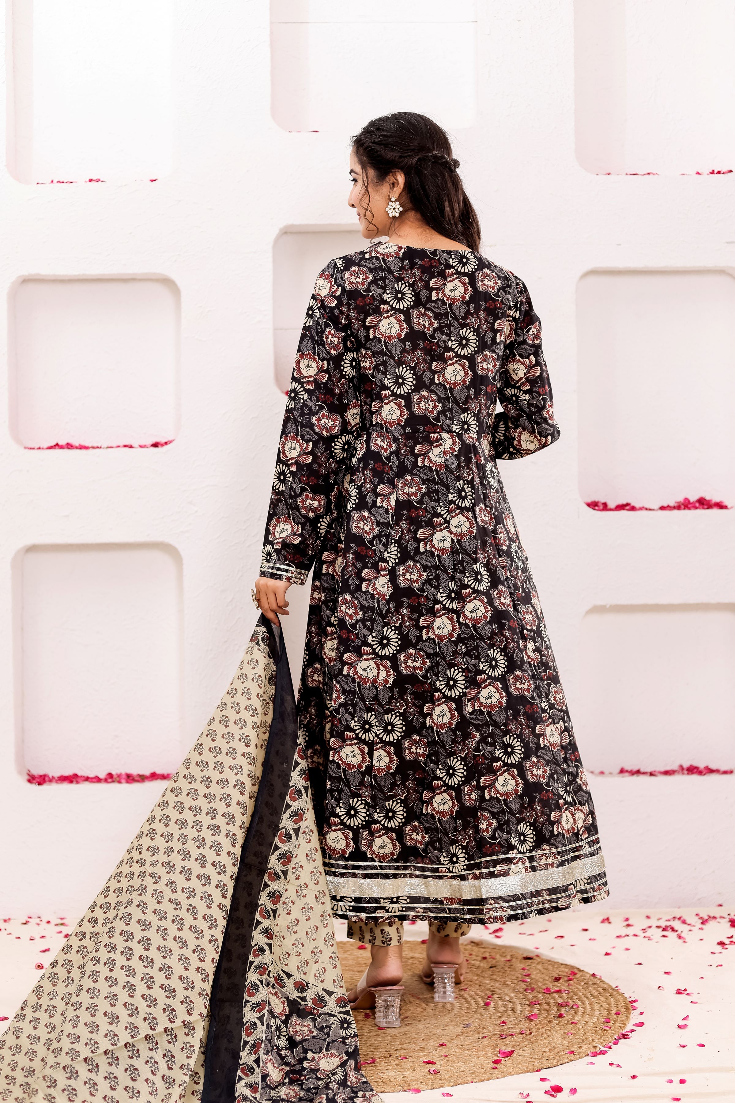 Pure Cotton Floral Printed Anarkali Kurta With Trousers & Dupatta