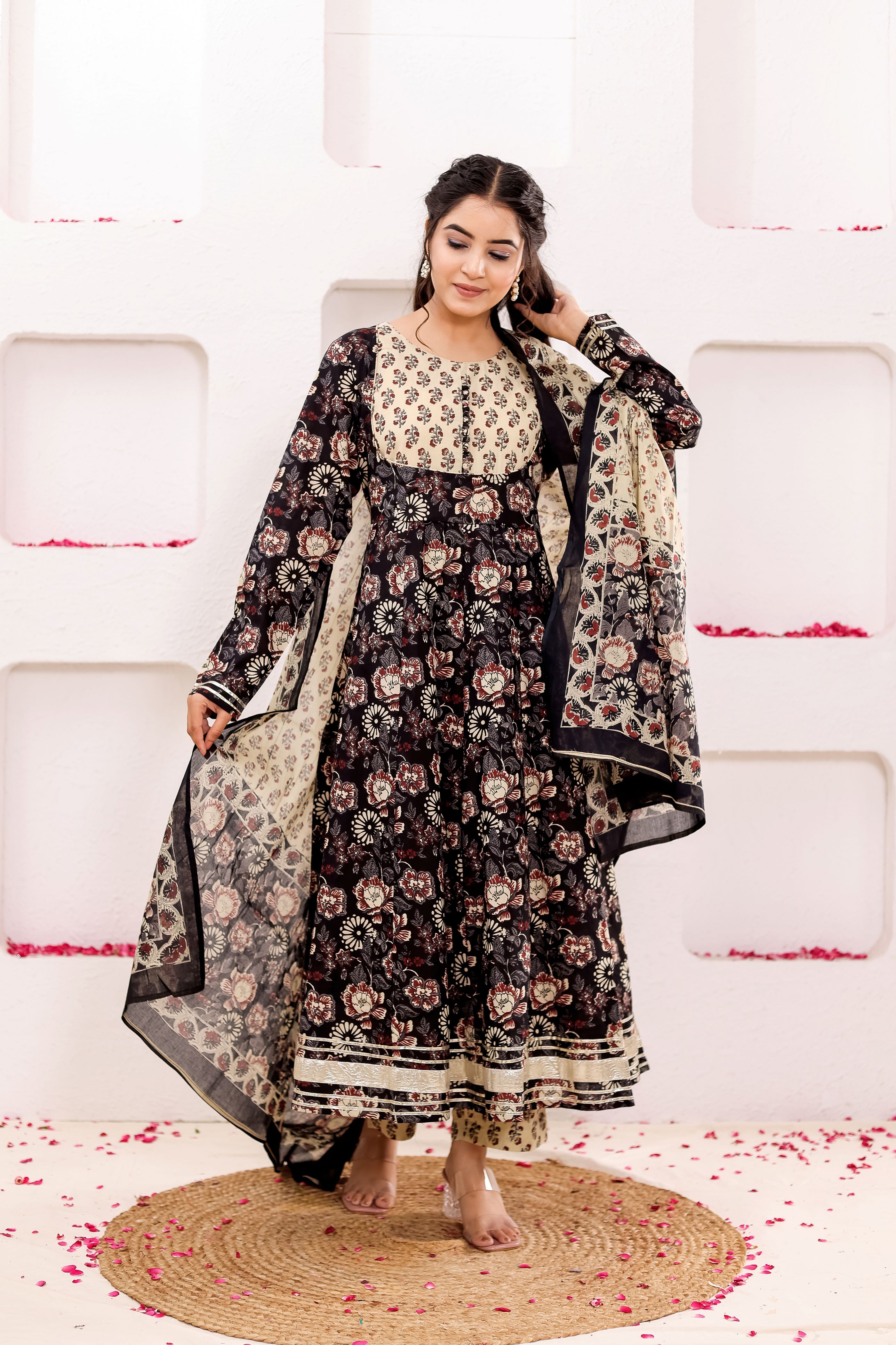Pure Cotton Floral Printed Anarkali Kurta With Trousers & Dupatta