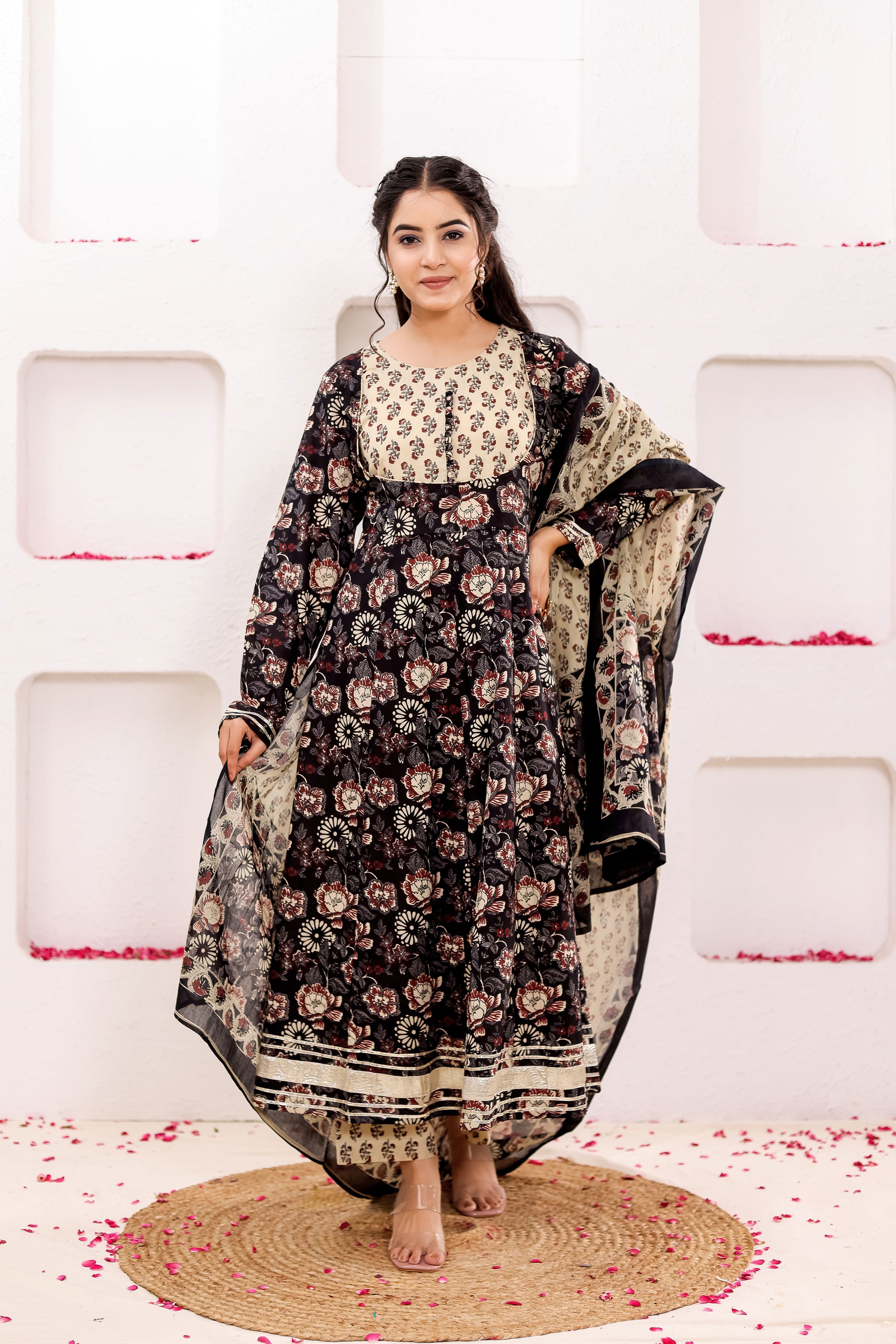 Pure Cotton Floral Printed Anarkali Kurta With Trousers & Dupatta