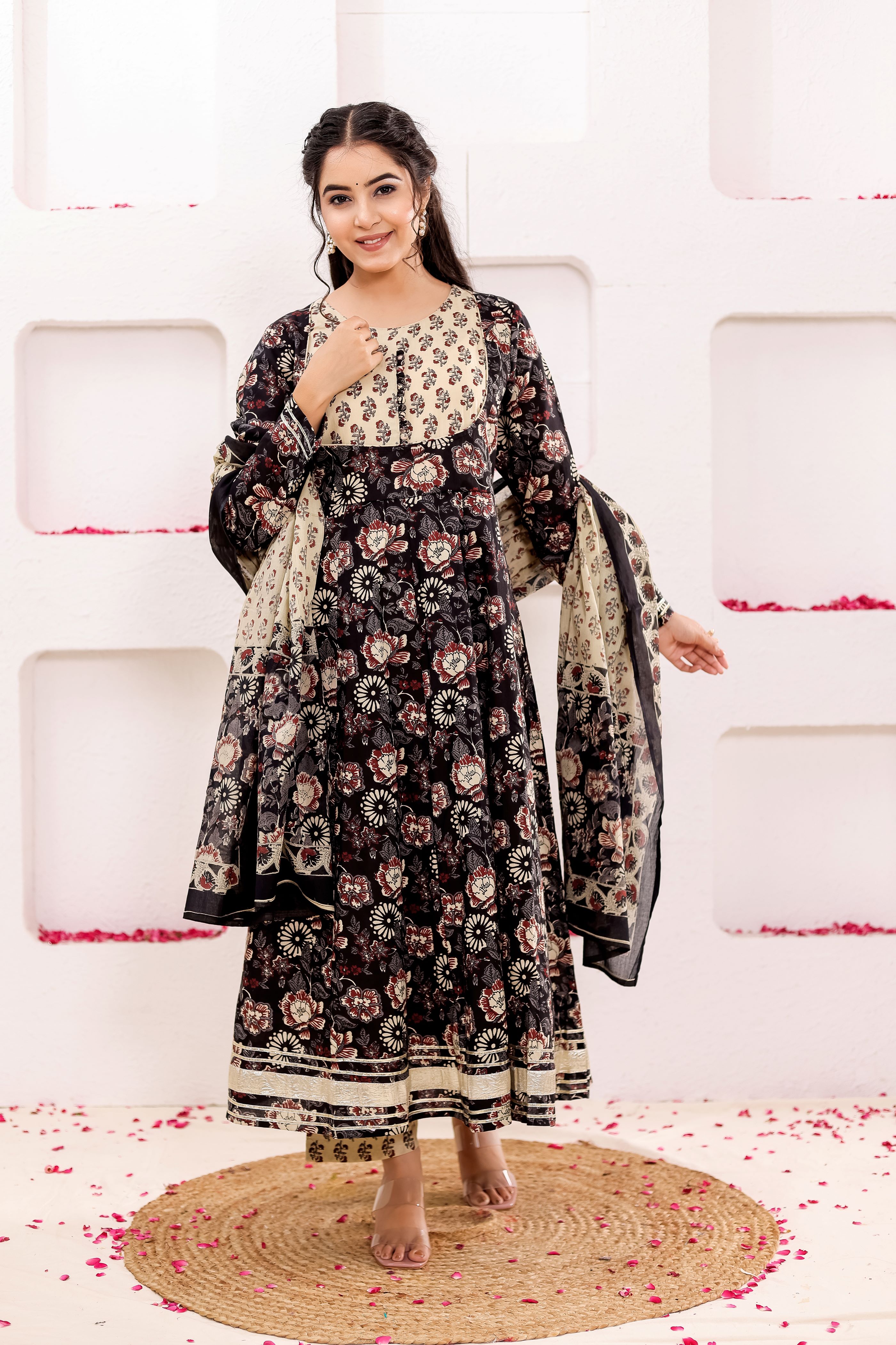 Pure Cotton Floral Printed Anarkali Kurta With Trousers & Dupatta