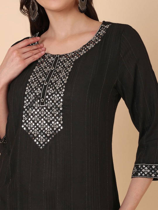 Women's Cotton Dobby Embroidered Straight Kurta, Black
