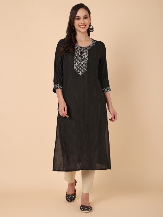 Women's Cotton Dobby Embroidered Straight Kurta, Black