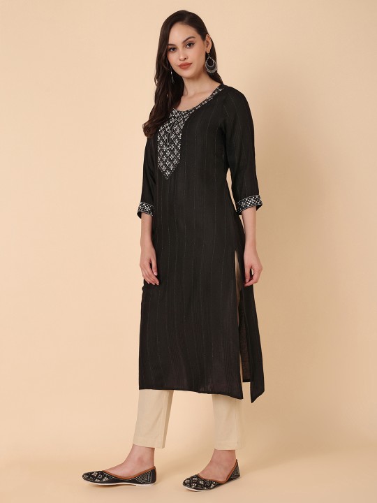 Women's Cotton Dobby Embroidered Straight Kurta, Black