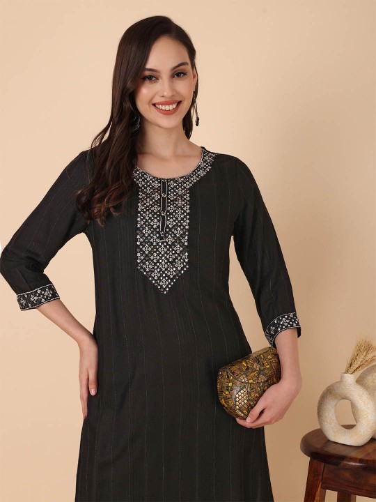 Women's Cotton Dobby Embroidered Straight Kurta, Black