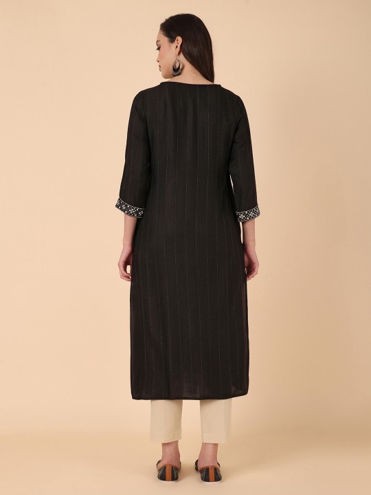 Women's Cotton Dobby Embroidered Straight Kurta, Black