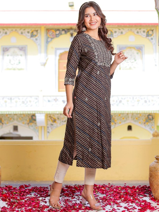 Striped Mirror Work Detailed Chanderi Silk Straight Kurta