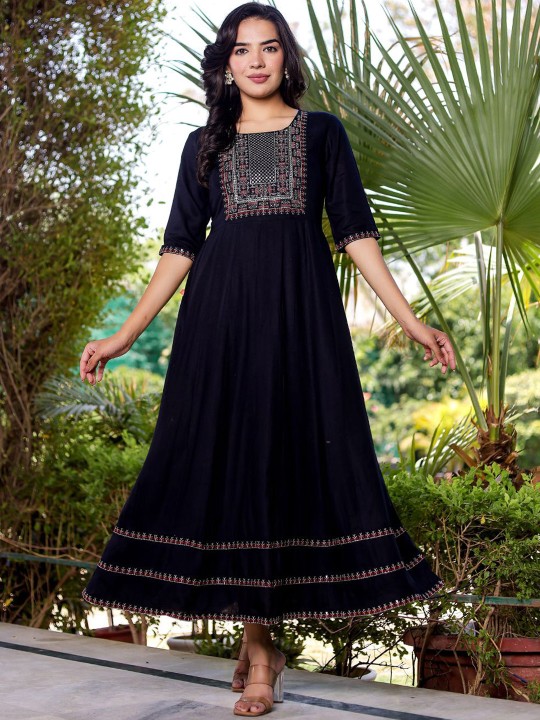 Ikkat Embroidered Maxi Ethnic Dress