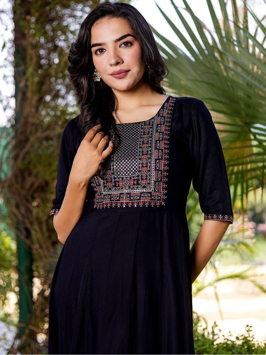Ikkat Embroidered Maxi Ethnic Dress Hover