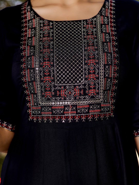 Ikkat Embroidered Maxi Ethnic Dress