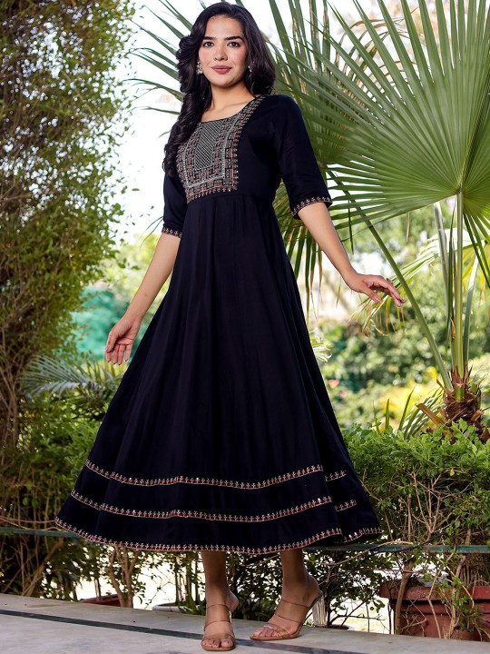 Ikkat Embroidered Maxi Ethnic Dress
