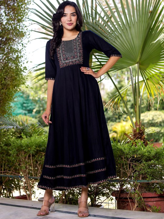 Ikkat Embroidered Maxi Ethnic Dress