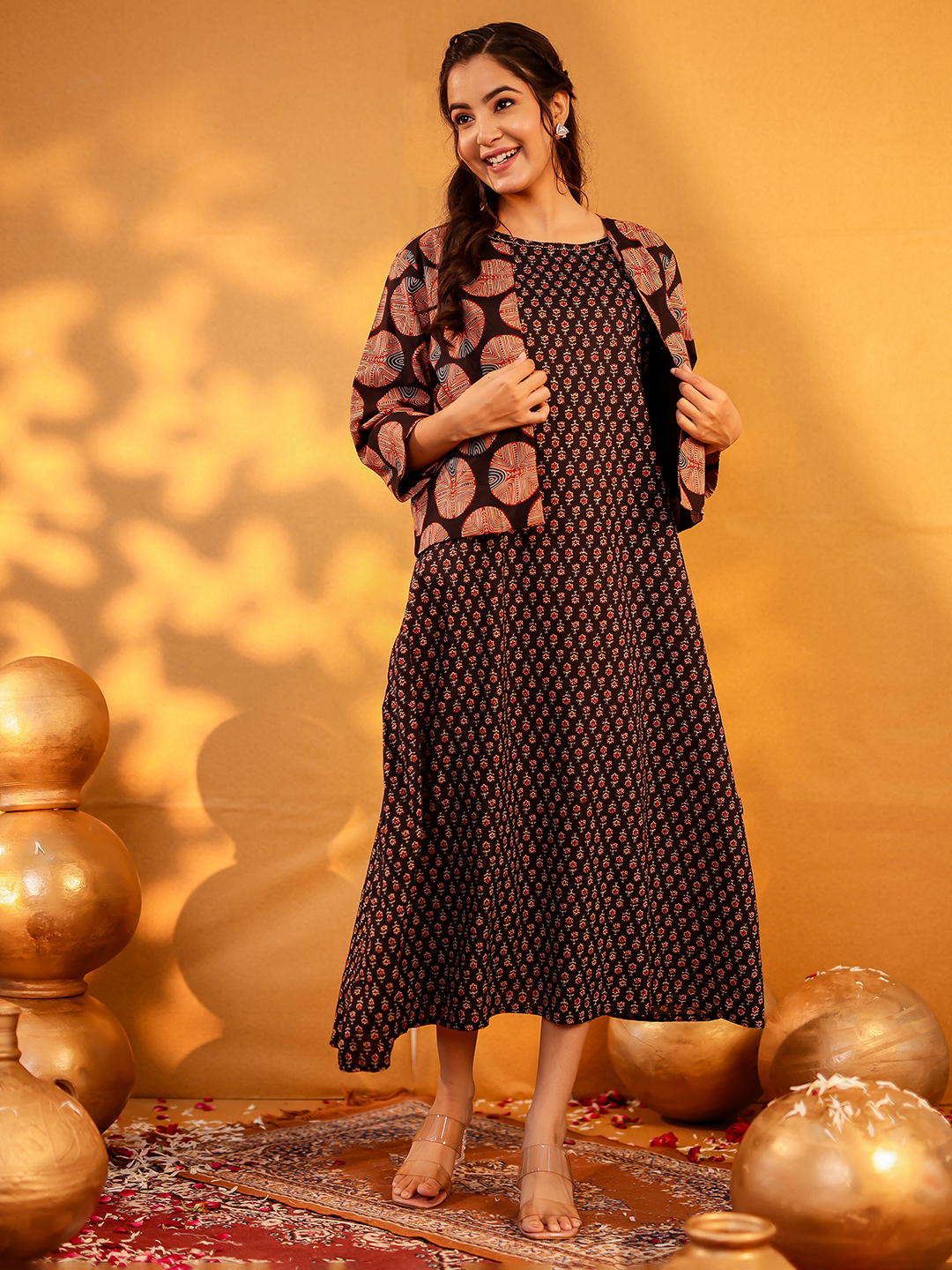 Cotton Printed Dress With Jacket