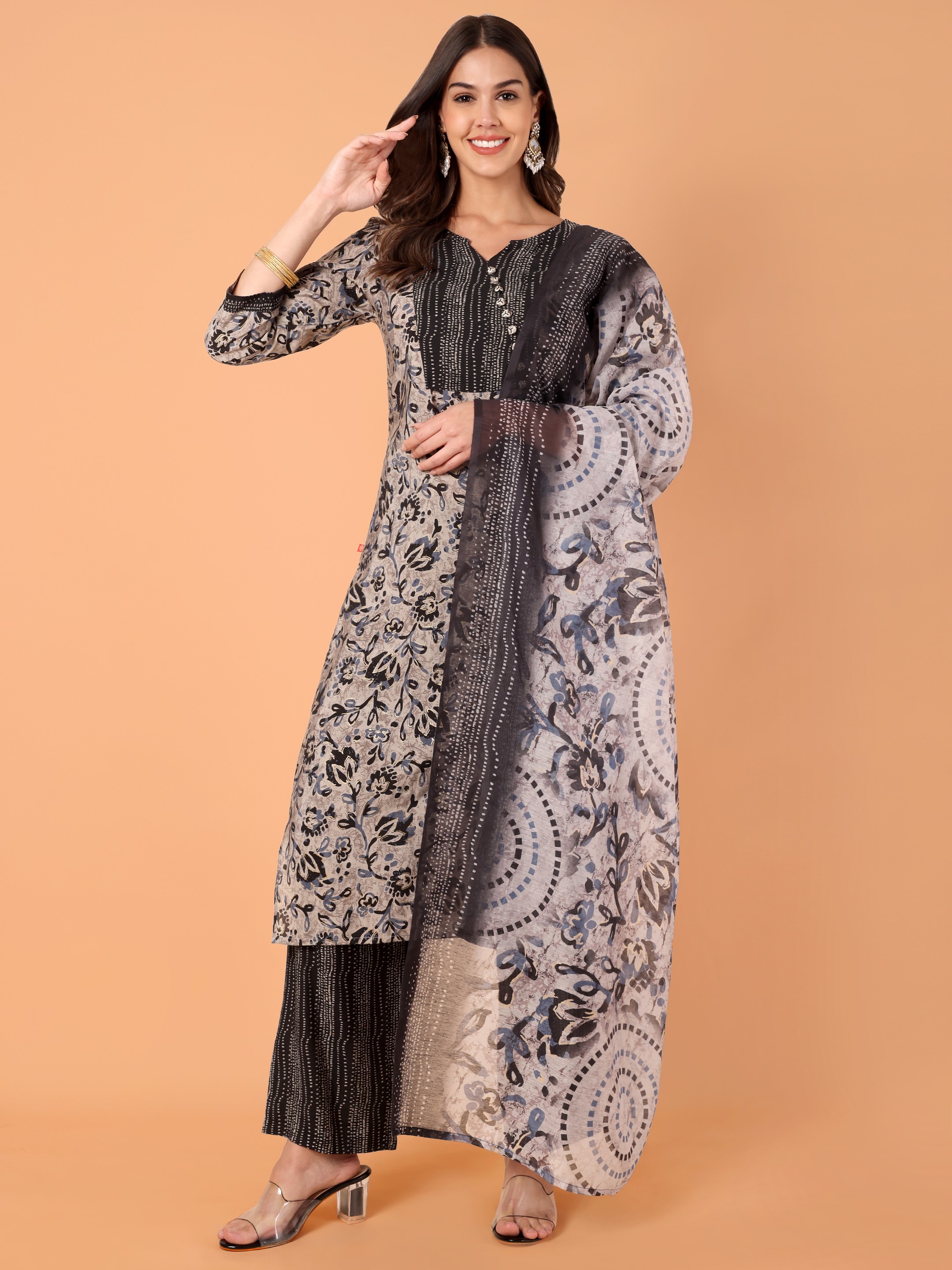 Women Printed Modal Chanderi Kurta Pant With Dupatta Set