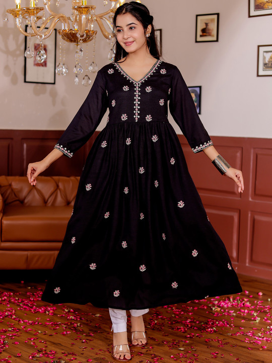 Women's Floral Embroidered V-Neck Anarkali Kurta