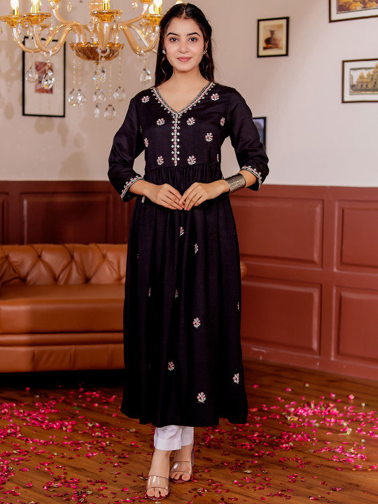 Women's Floral Embroidered V-Neck Anarkali Kurta