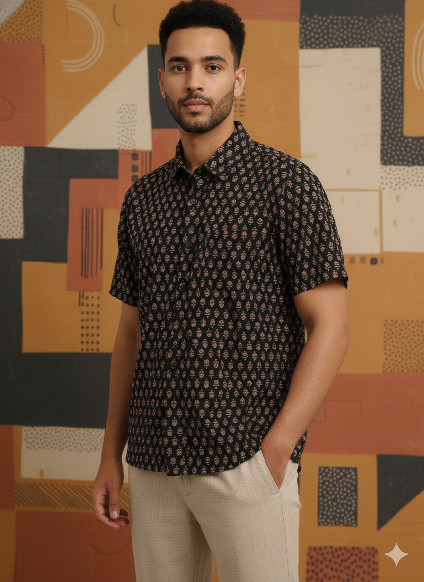 Men Classic Spread Collar Printed Cotton Slim Fit Casual Shirt