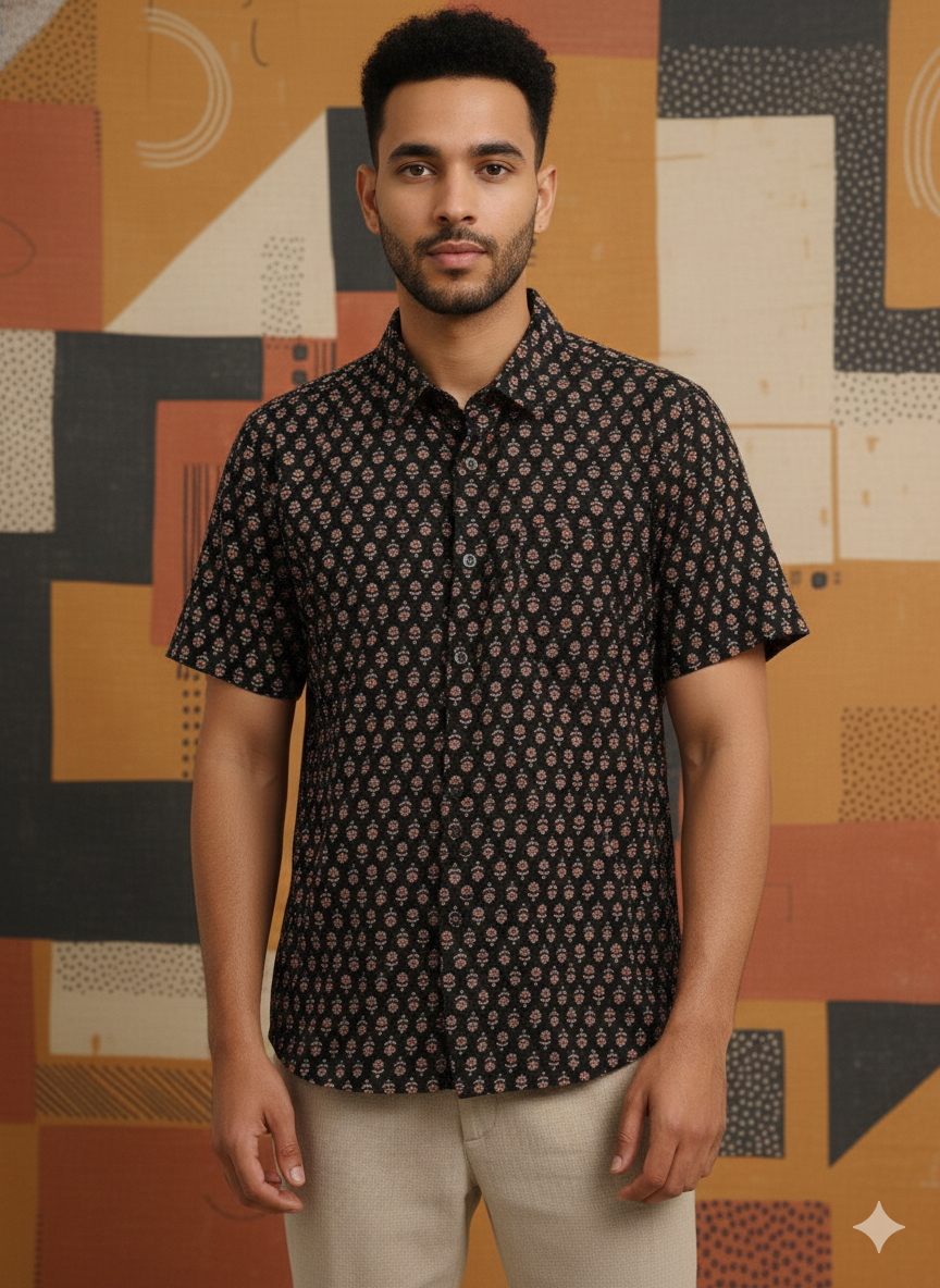 Men Classic Spread Collar Printed Cotton Slim Fit Casual Shirt