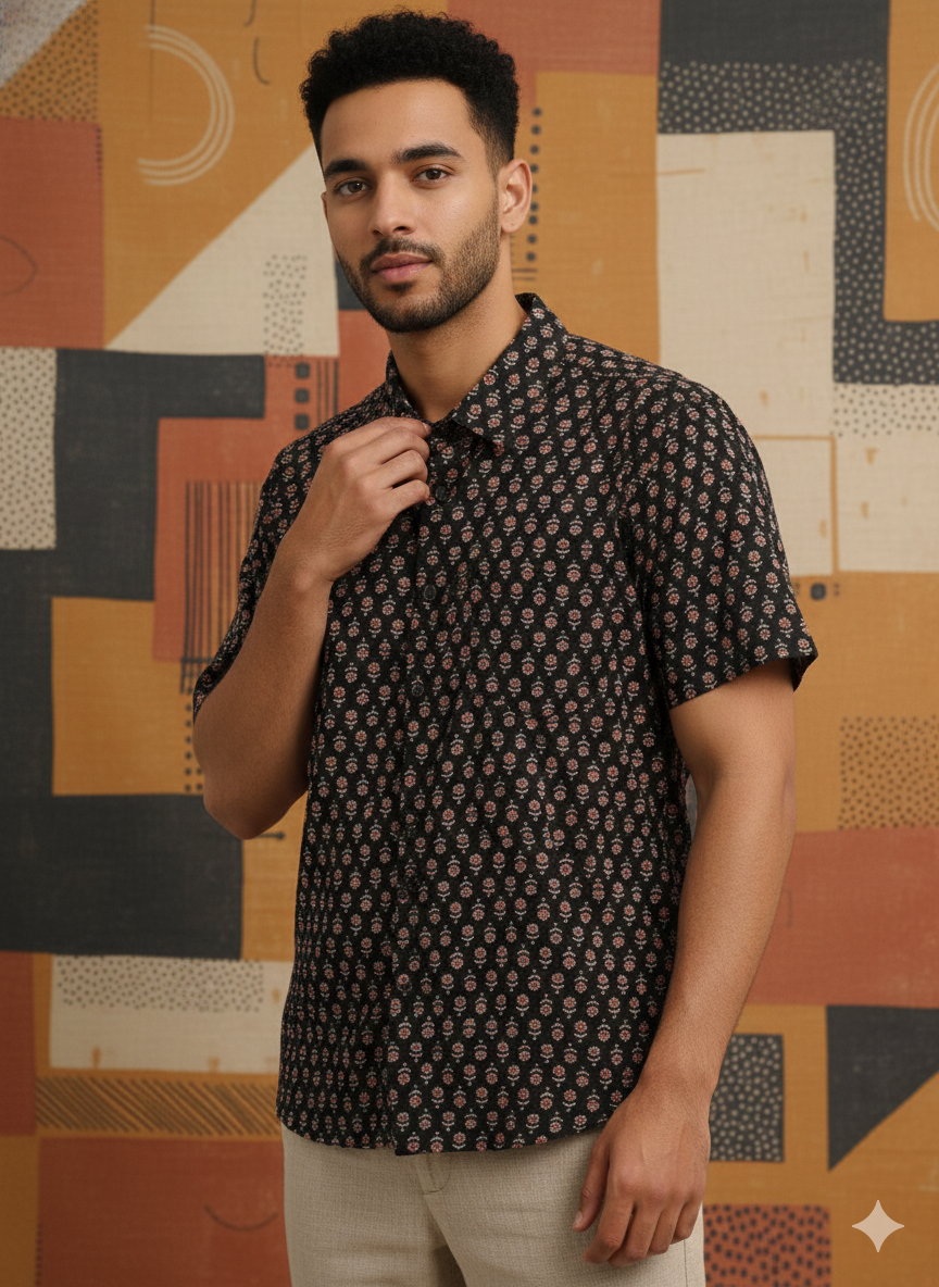 Men Classic Spread Collar Printed Cotton Slim Fit Casual Shirt