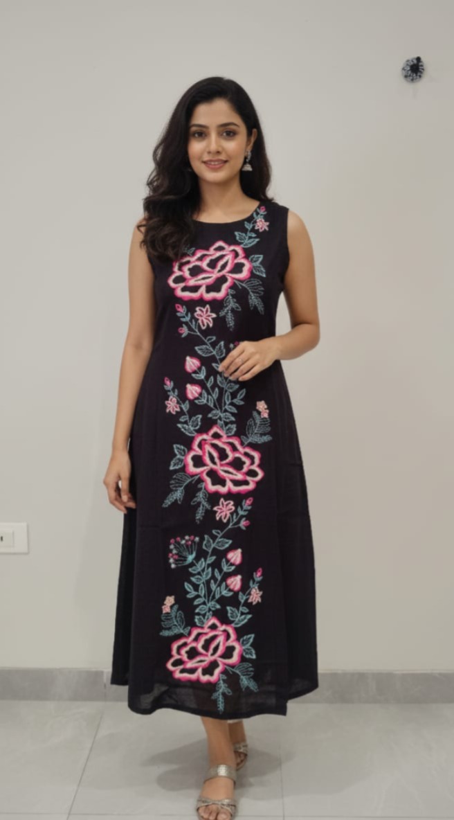 Women's Floral Embroidered Round Neck Sleeveless Straight Kurta