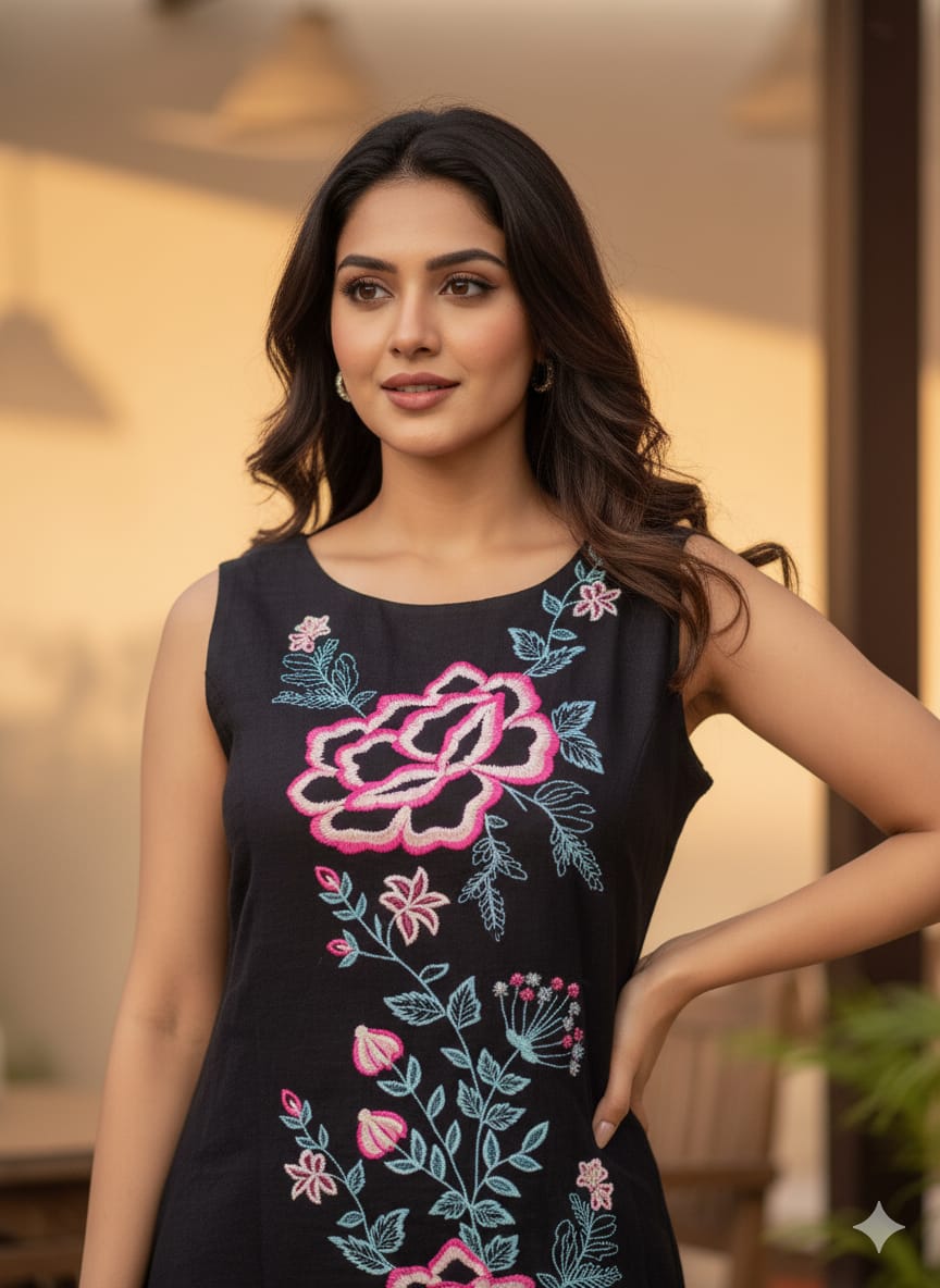 Women's Floral Embroidered Round Neck Sleeveless Straight Kurta Hover