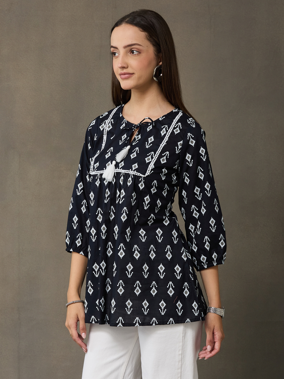 VASVI Women's  Cotton Printed Round Neck Casual Top, Black Hover