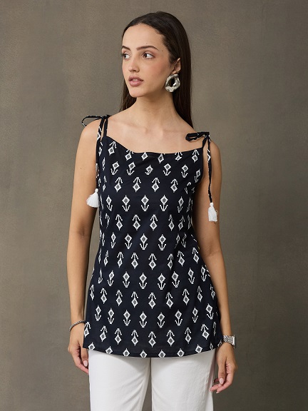 VASVI Women's Cotton Printed Casual Top, Black
