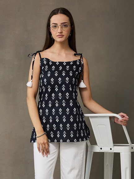 VASVI Women's Cotton Printed Casual Top, Black