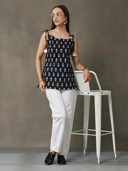 VASVI Women's Cotton Printed Casual Top, Black