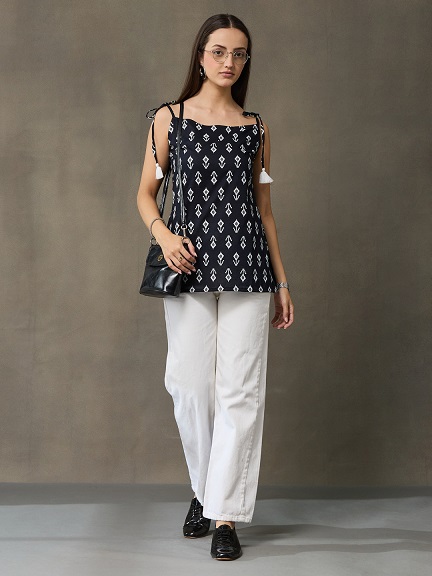 VASVI Women's Cotton Printed Casual Top, Black