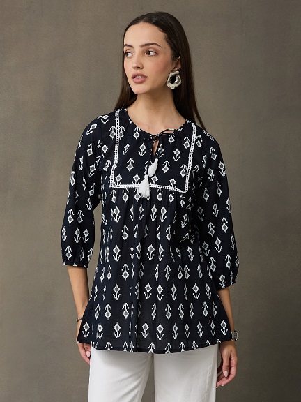 VASVI Women's  Cotton Printed Round Neck Casual Top, Black