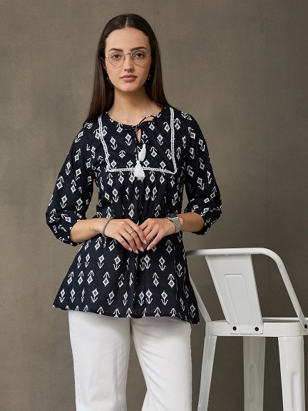 VASVI Women's  Cotton Printed Round Neck Casual Top, Black