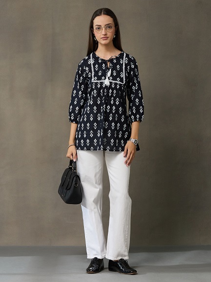 VASVI Women's  Cotton Printed Round Neck Casual Top, Black