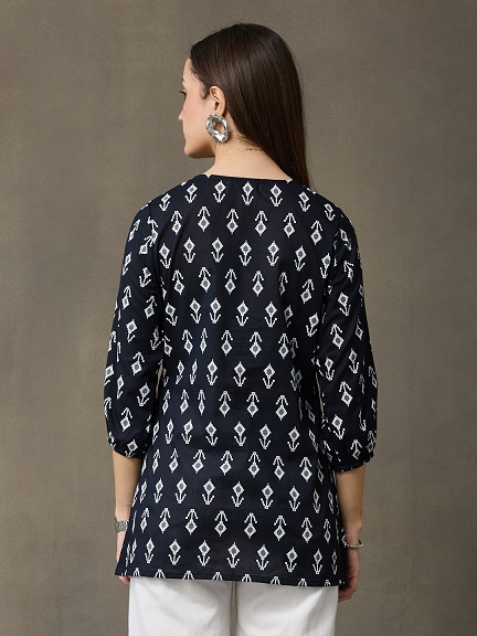 VASVI Women's  Cotton Printed Round Neck Casual Top, Black Hover