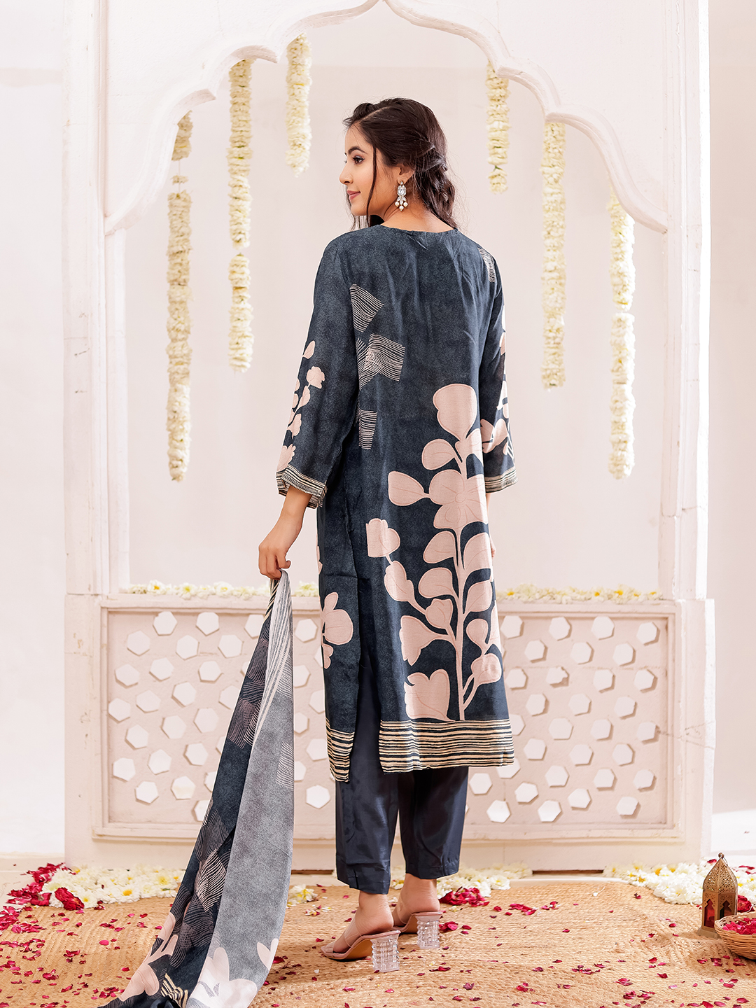 Muslin Floral Printed Adda Work Kurta, Trousers With Dupatta Hover