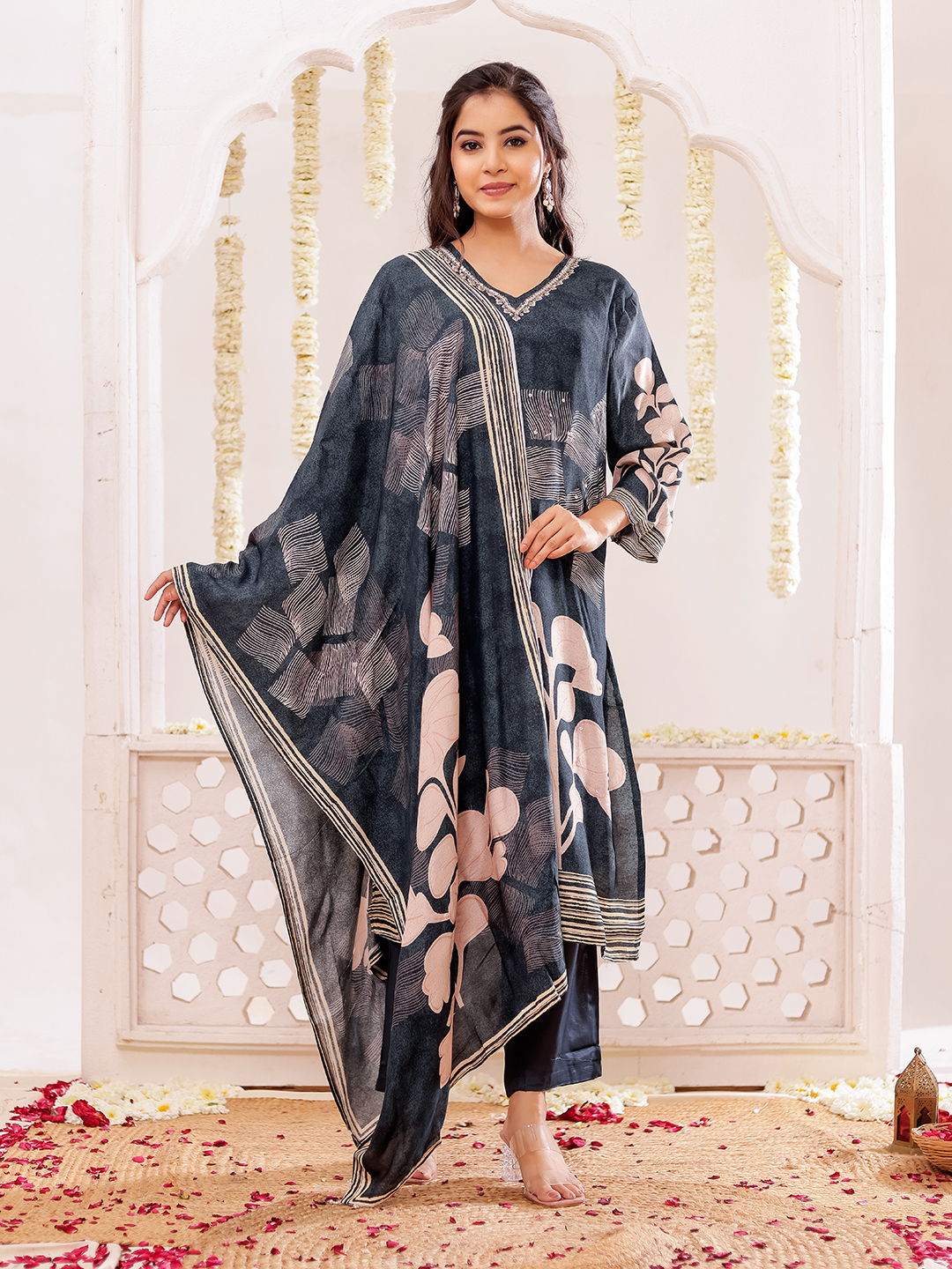 Muslin Floral Printed Adda Work Kurta, Trousers With Dupatta