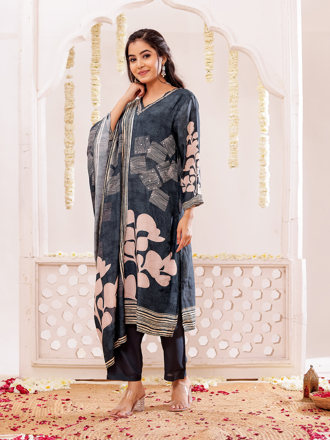 Muslin Floral Printed Adda Work Kurta, Trousers With Dupatta