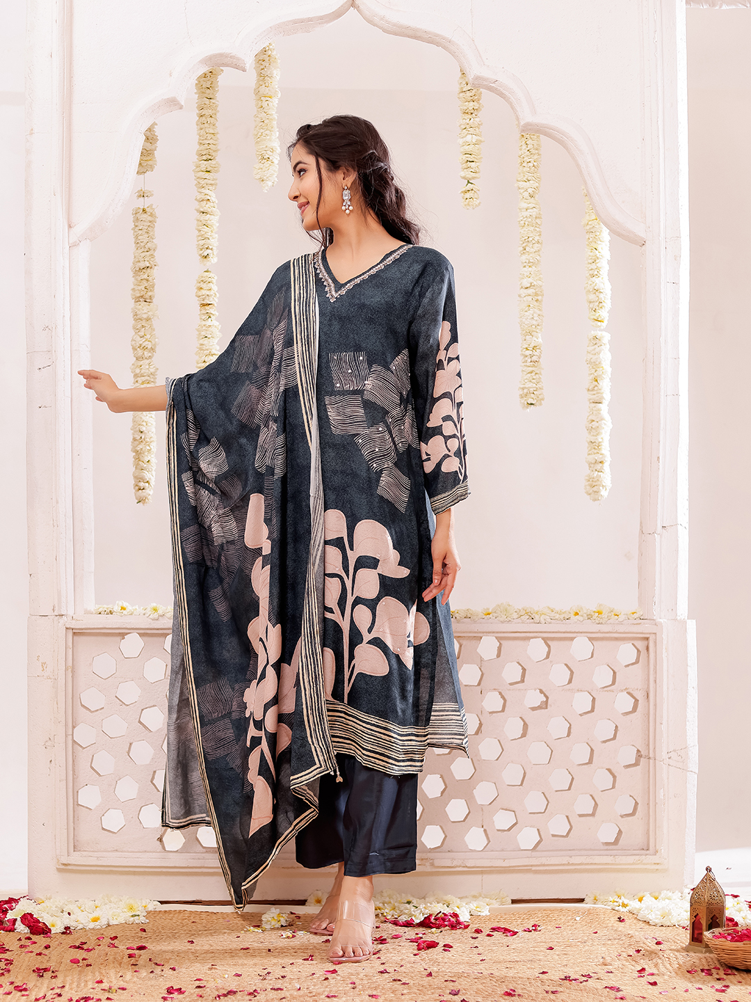 Muslin Floral Printed Adda Work Kurta, Trousers With Dupatta