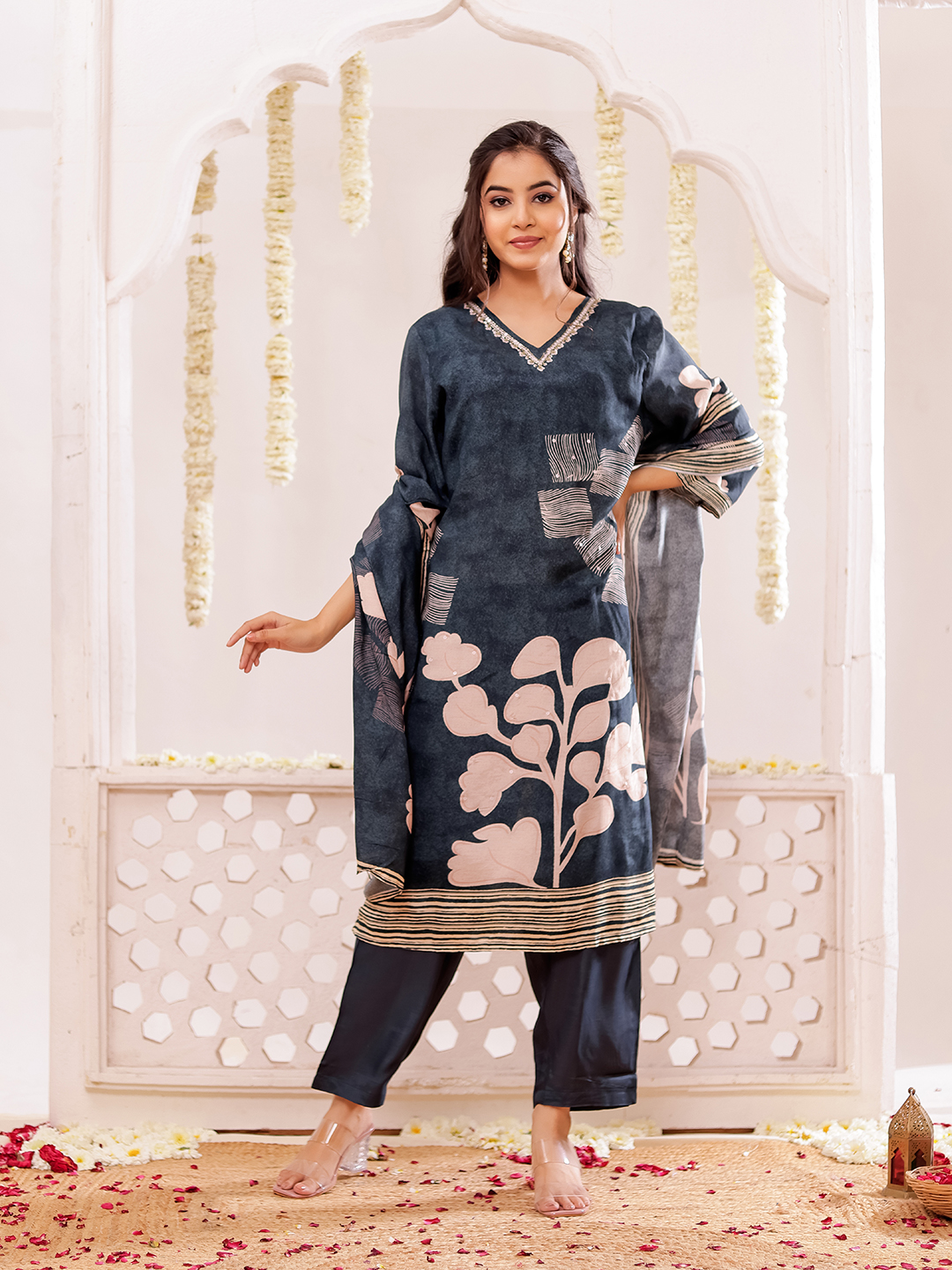 Muslin Floral Printed Adda Work Kurta, Trousers With Dupatta