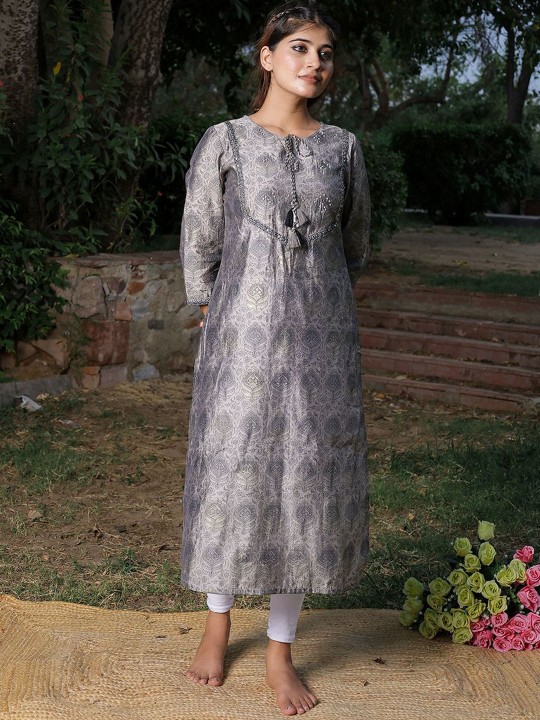 Ethnic Motifs Printed Tie-Up Neck Mirror Work Muslin Straight Kurta