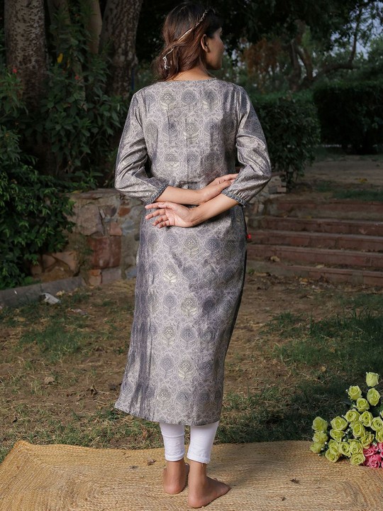 Ethnic Motifs Printed Tie-Up Neck Mirror Work Muslin Straight Kurta Hover