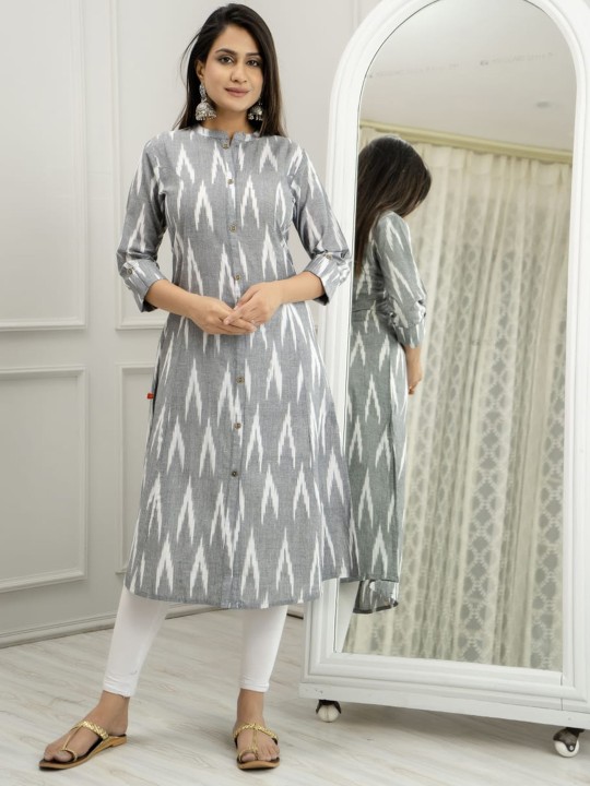 Ikat Printed Mandarin Collar Cotton A-Line Kurta